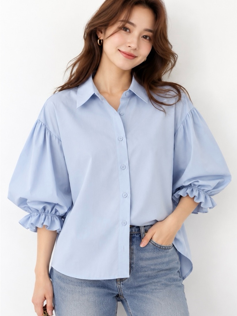 Easel Light Blue Puff Sleeve Button-Up Blouse – Size Small – New with Tags